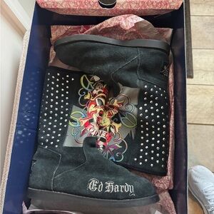 Ed Hardy Black Suede Boots with Tattoo Art